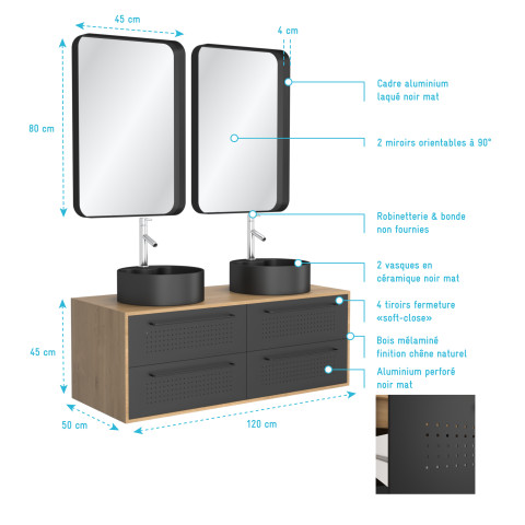 Meuble de salle de bains 120 cm_2 vasques rondes_2 miroirs - chêne naturel et noir mat - uby Aurlane - PACM278