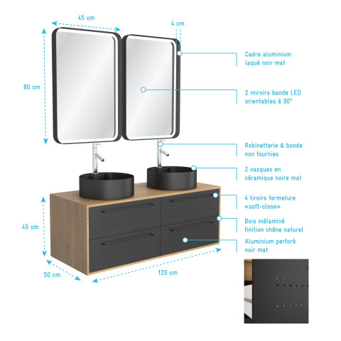 Meuble de salle de bains 120 cm_2 vasques rondes_2 miroirs led - chêne naturel et noir mat - uby