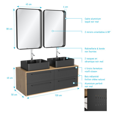 Meuble de salle de bains 120 cm_2 vasques rectangles_2 miroirs - chêne naturel et noir mat - uby Aurlane - PACM284