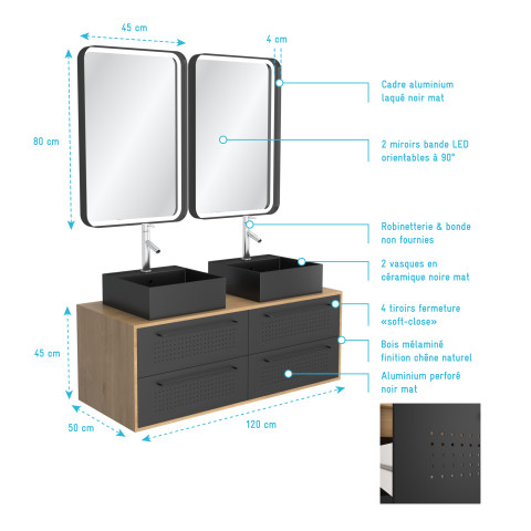 Meuble de salle de bains 120 cm_2 vasques carrées_2 miroirs led - chêne naturel et noir mat - uby Aurlane - PACM291