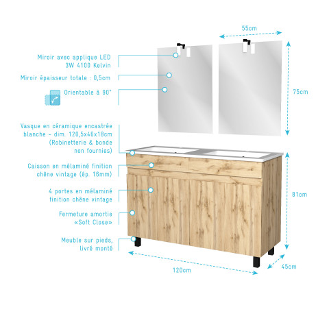 Meuble salle de bains 120cm 4 portes chêne industriel + vasque blanche et miroirs avec appliques led Aurlane - PACM302