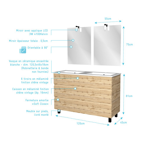 Meuble salle de bains 120cm 6 tiroirs chêne industriel + vasque blanche et miroirs avec appliques led Aurlane - PACM304