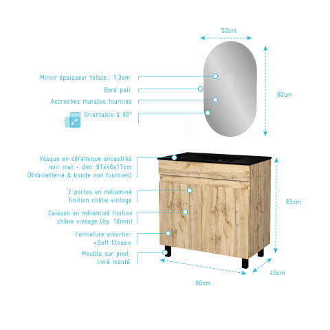 Meuble salle de bains 80cm 2 portes chêne industriel + vasque noire et miroir ovale Aurlane - PACM307