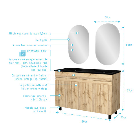 Meuble salle de bains 120cm 4 portes chêne industriel + vasque noire et miroirs ovales Aurlane - PACM308