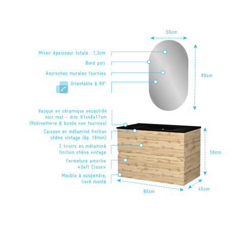 Meuble salle de bains 80cm 2 tiroirs chêne industriel + vasque noire et miroir ovale