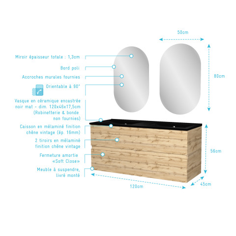 Meuble salle de bains 120cm 4 tiroirs chêne industriel + vasque noire et miroirs ovales Aurlane - PACM311