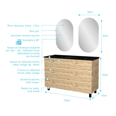 Meuble salle de bains 120cm 6 tiroirs chêne industriel + vasque noire et miroirs ovales Aurlane - PACM314
