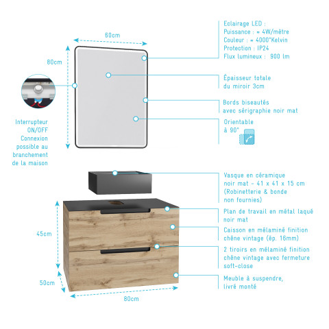 Meuble salle de bains 80 cm 2 tiroirs - chêne et noir - vasque carrée - miroir black led - omega