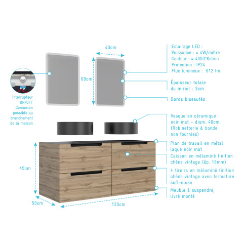 Meuble salle de bains 120cm chêne et noir, vasques rondes ø41cm et miroirs led 40x60 - omega Aurlane - PACM459