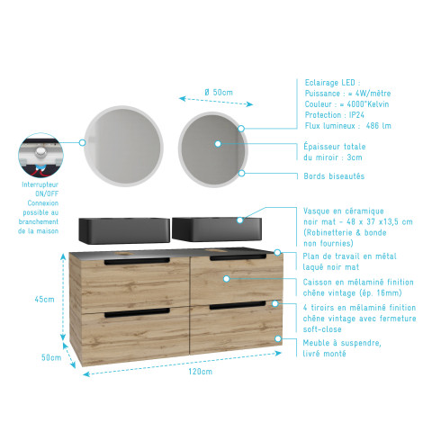 Meuble salle de bains 120cm chêne et noir, vasques rectangulaires et miroirs led ø50cm - omega Aurlane - PACM486