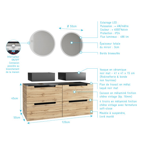 Meuble salle de bains 120cm chêne et noir, vasques carrées et miroirs led ø50cm - omega Aurlane - PACM509