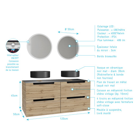 Meuble salle de bains 120cm chêne et noir, vasques rondes ø36cm et miroirs led ø50cm - omega Aurlane - PACM578
