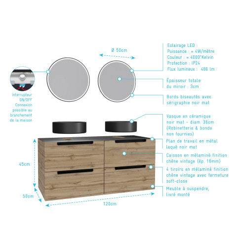 Meuble salle de bains 120cm chêne et noir, vasques rondes ø36cm et miroirs black led ø50cm - omega Aurlane - PACM588