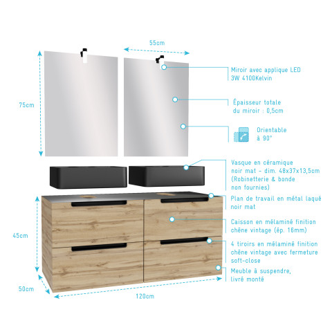 Meuble salle de bains 120cm chêne et noir, vasques rectangles & miroirs avec appliques 55x75 - omega Aurlane - PACM597
