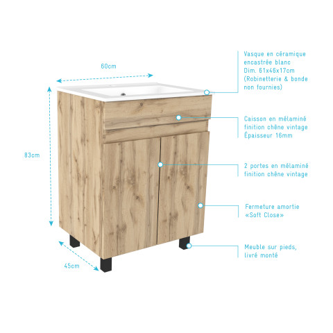 Meuble de salle de bains 60cm 2 portes_chêne industriel + vasque céramique blanche - timber 60