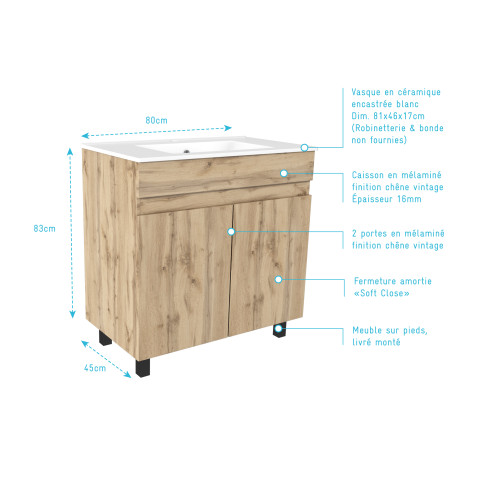 Meuble de salle de bains 80cm 2 Portes_Chêne Naturel + Vasque céramique blanche - TIMBER 80 Aurlane - PACM601