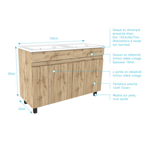 Meuble de salle de bains 120cm 4 portes_chêne industriel + vasque céramique blanche - timber 120 Aurlane - PACM602