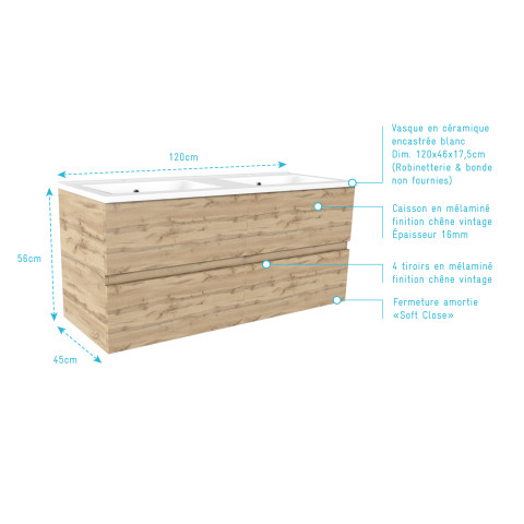 Meuble de salle de bains 120cm 4 tiroirs_chêne industriel + vasque céramique blanche - timber 120