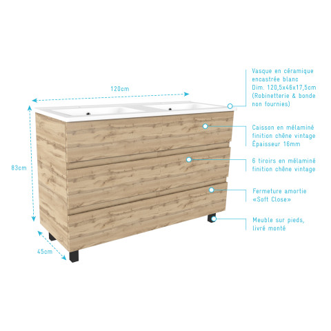 Meuble de salle de bains 120cm 6 tiroirs_chêne industriel + vasque céramique blanche - timber 120