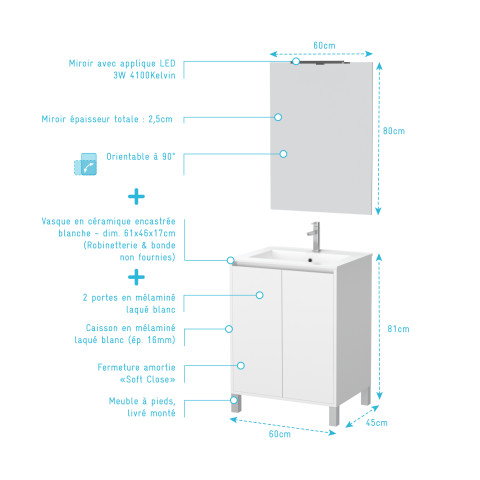 Pack meuble salle de bains 60cm blanc 2 portes, vasque, miroir 60x80 et réglette led - xenos Aurlane - PACM609
