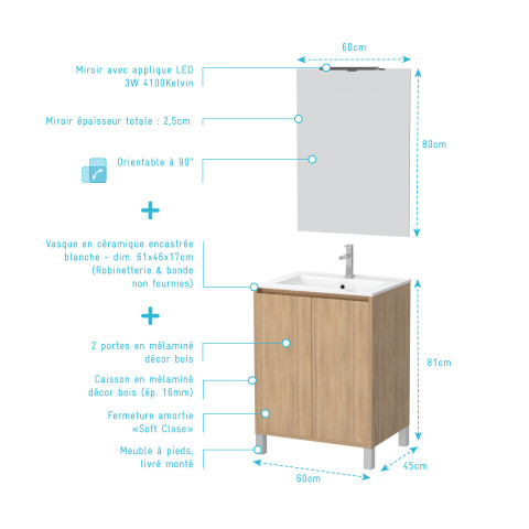 Pack meuble salle de bains 60cm chêne clair 2 portes, vasque, miroir 60x80 et réglette led - xenos Aurlane - PACM611