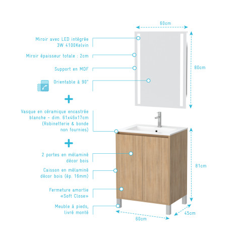 Pack meuble salle de bains 60cm chêne clair 2 portes, vasque, miroir 60x80 à leds intégrées - xenos Aurlane - PACM612