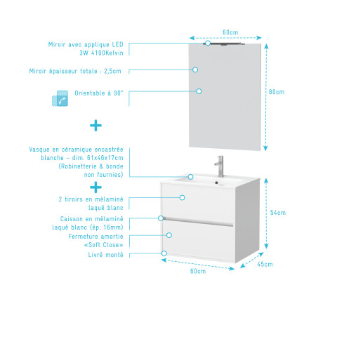 Pack meuble salle de bains 60cm blanc 2 tiroirs, vasque, miroir 60x80 et réglette led - xenos Aurlane - PACM613