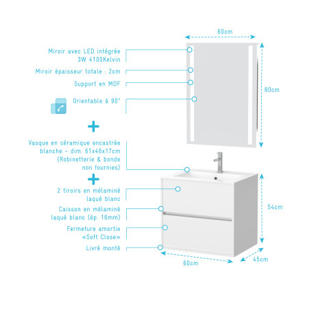 Pack meuble salle de bains 60cm blanc 2 tiroirs, vasque, miroir 60x80 à leds intégrées - xenos Aurlane - PACM614