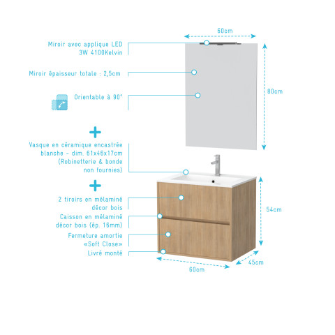 Pack meuble salle de bains 60cm chêne clair 2 tiroirs, vasque, miroir 60x80 et réglette led - xenos