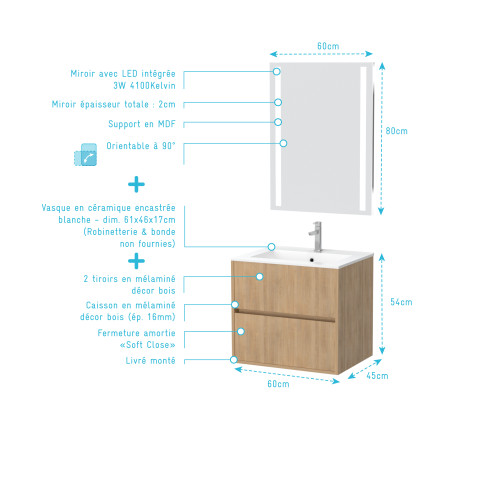 Pack meuble salle de bains 60cm chêne clair 2 tiroirs, vasque, miroir 60x80 à leds intégrées - xenos Aurlane - PACM616