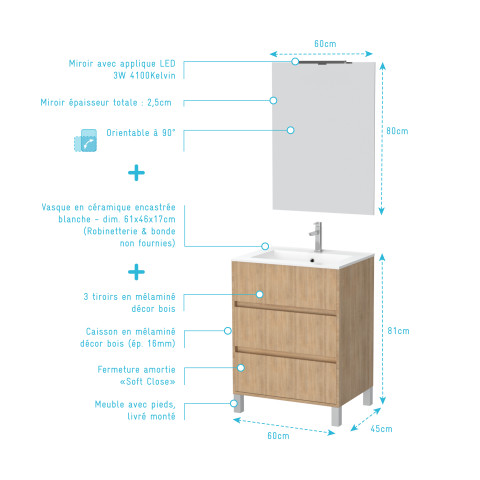 Pack meuble salle de bains 60cm chêne clair 3 tiroirs, vasque, miroir 60x80 et réglette led - xenos