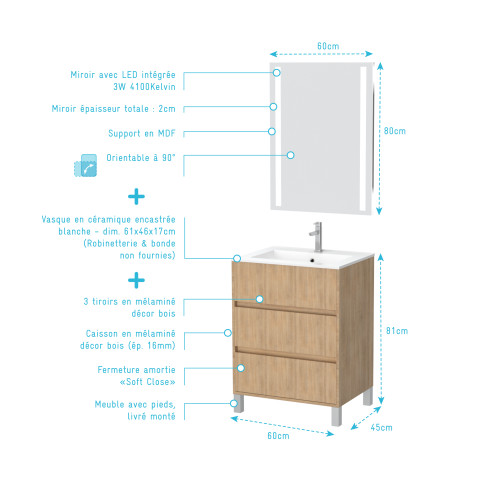 Pack meuble salle de bains 60cm chêne clair 3 tiroirs, vasque, miroir 60x80 à leds intégrées - xenos