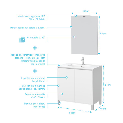 Pack meuble salle de bains 80cm blanc 2 portes, vasque, miroir 60x80 et réglette led - xenos Aurlane - PACM621