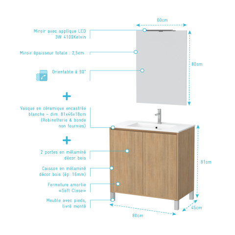 Pack meuble salle de bains 80cm chêne clair 2 portes, vasque, miroir 60x80 et réglette led - xenos Aurlane - PACM623