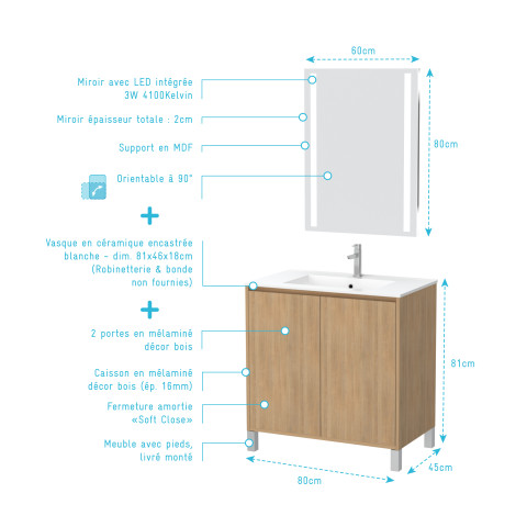 Pack meuble salle de bains 80cm chêne clair 2 portes, vasque, miroir 60x80 à leds intégrées - xenos