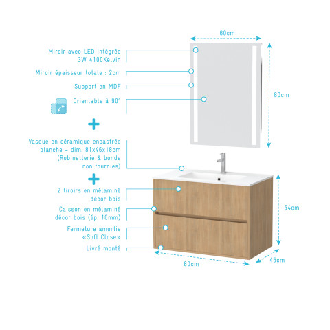 Pack meuble salle de bains 80cm chêne clair 2 tiroirs, vasque, miroir 60x80 à leds intégrées - xenos