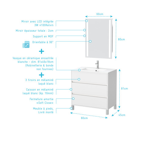 Pack meuble salle de bains 80cm blanc 3 tiroirs, vasque, miroir 60x80 à leds intégrées - xenos