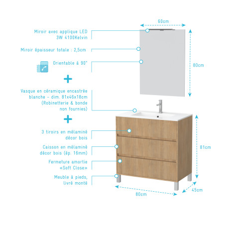 Pack meuble salle de bains 80cm chêne clair 3 tiroirs, vasque, miroir 60x80 et réglette led - xenos