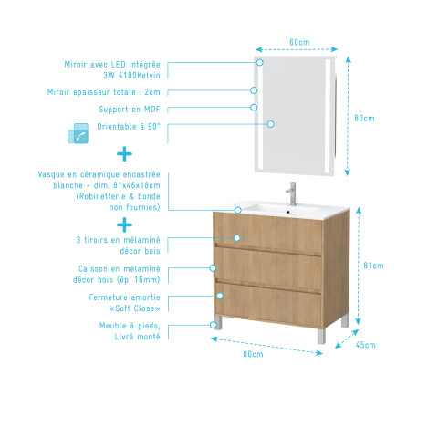 Pack meuble salle de bains 80cm chêne clair 3 tiroirs, vasque, miroir 60x80 à leds intégrées - xenos