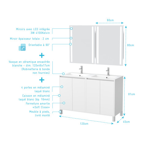 Meuble salle de bains 120 cm laqué blanc 4 portes, vasque, miroirs 60x80 à leds intégrées - xenos