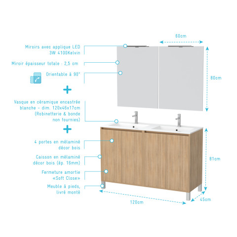 Meuble salle de bains 120 cm chêne clair 4 portes, vasque, miroirs 60x80 et réglettes led - xenos