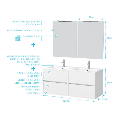 Meuble salle de bains 120 cm laqué blanc 4 tiroirs, vasque, miroirs 60x80 et réglettes led - xenos