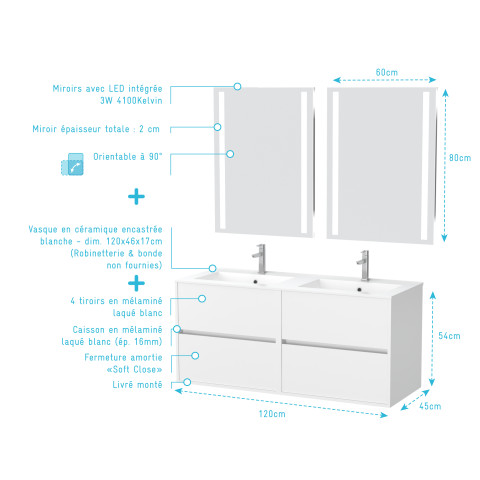 Meuble salle de bains 120 cm laqué blanc 4 tiroirs, vasque, miroirs 60x80 à leds intégrées - xenos