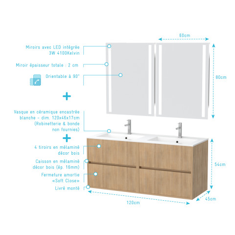 Meuble salle de bains 120 cm chêne clair 4 tiroirs, vasque, miroirs 60x80 à leds intégrées - xenos