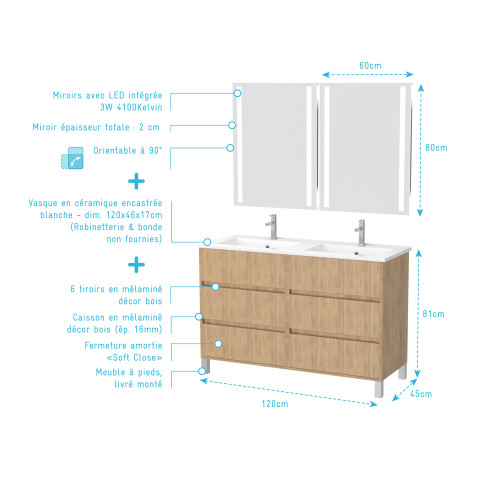 Meuble salle de bains 120 cm chêne clair 6 tiroirs, vasque, miroirs 60x80 à leds intégrées - xenos Aurlane - PACM644
