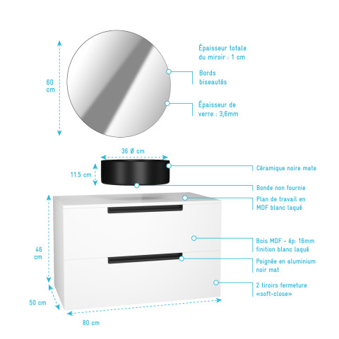 Meuble salle de bains 80cm blanc laqué 2 tiroirs - vasque noire ø36cm et miroir rond - jazz