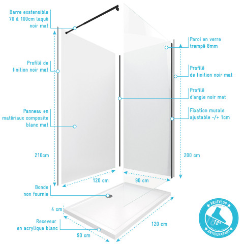 Pack panneau wall'it blan 90 et panneau wall'it blanc 120 + receveur whiteness ii + paroi en verre trempé + barre de fixation noir mat.