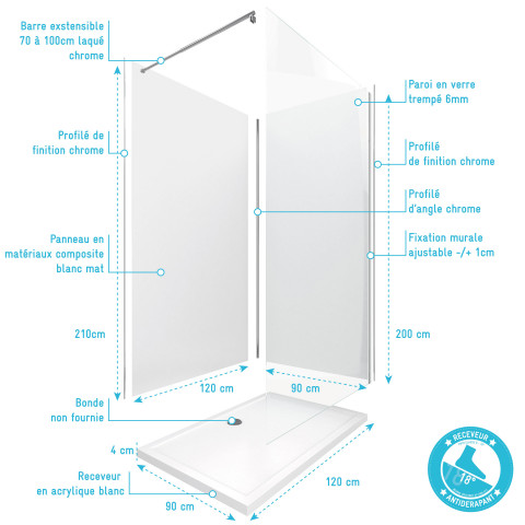 Pack panneau wall'it blan 90 et panneau wall'it blanc 120 + receveur whiteness ii + paroi en verre trempé black + barre de fixation chrome. Aurlane - PACP018