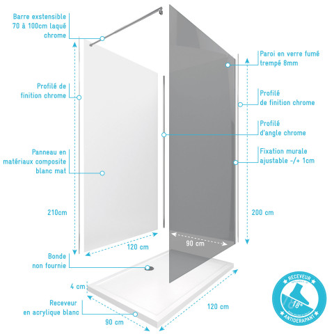 Pack panneau wall'it blanc 90 et panneau wall'it blanc 120 + receveur whiteness ii 120 + paroi en verre trempé fumé dark + barre de fixation.