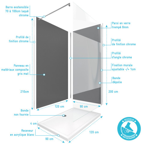 Pack 2 panneaux muraux + receveur + paroi en verre trempé bande depolie + barre de fixation